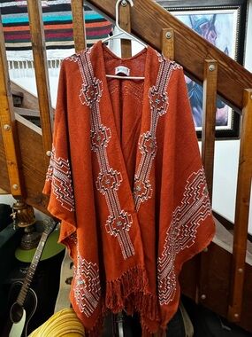 Embroidered Rust Orange Poncho with Fringe